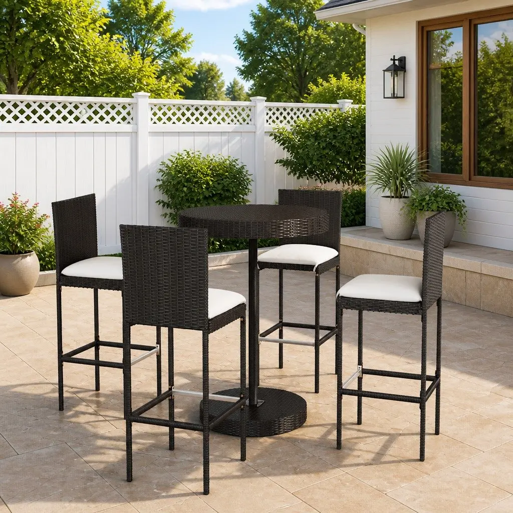 5 Piece Garden Bar Set Cushioned Black Poly Rattan Outdoor Bar Table and Stools