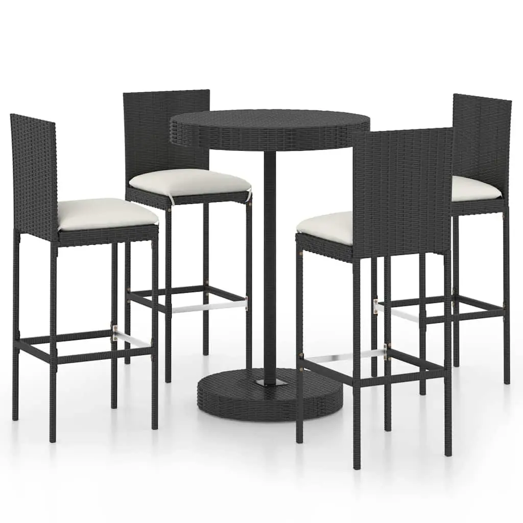 5 Piece Garden Bar Set Cushioned Black Poly Rattan Outdoor Bar Table and Stools