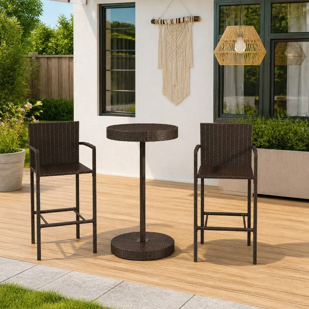 3 Piece Garden Bar Set Poly Rattan Outdoor Bar Table and Stools