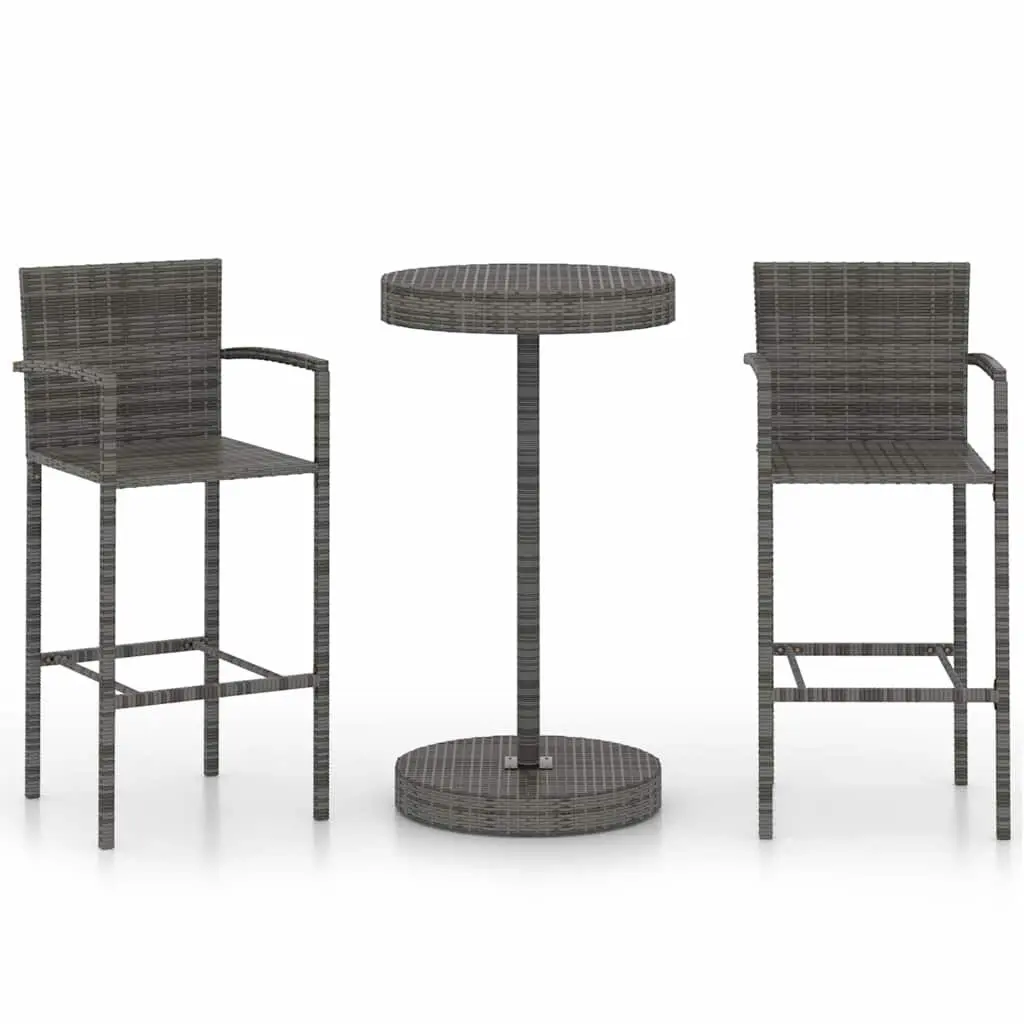 3 Piece Garden Bar Set Poly Rattan Outdoor Bar Table and Stools Grey