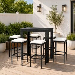 7 Piece Garden Bar Set Outdoor Furniture Black Poly Rattan Stools Cushions
