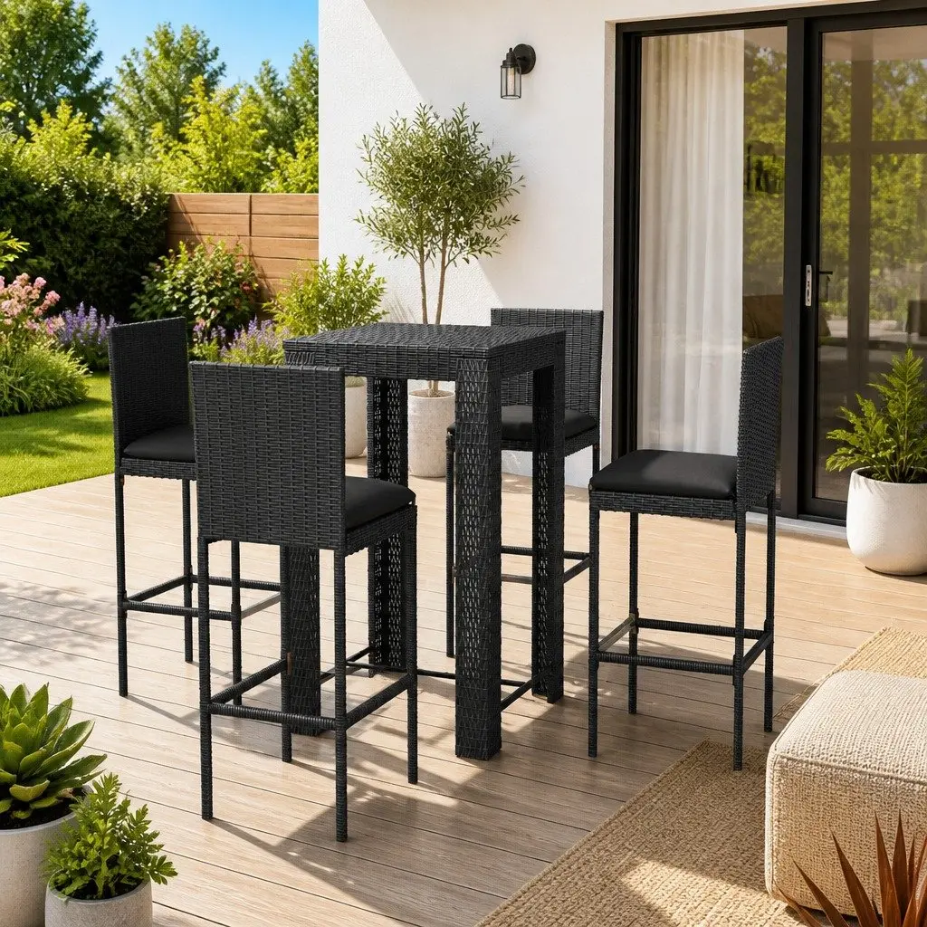 5 Piece Outdoor Bar Set Grey Rattan Patio Table with Cushions and Stools for Garden Dining