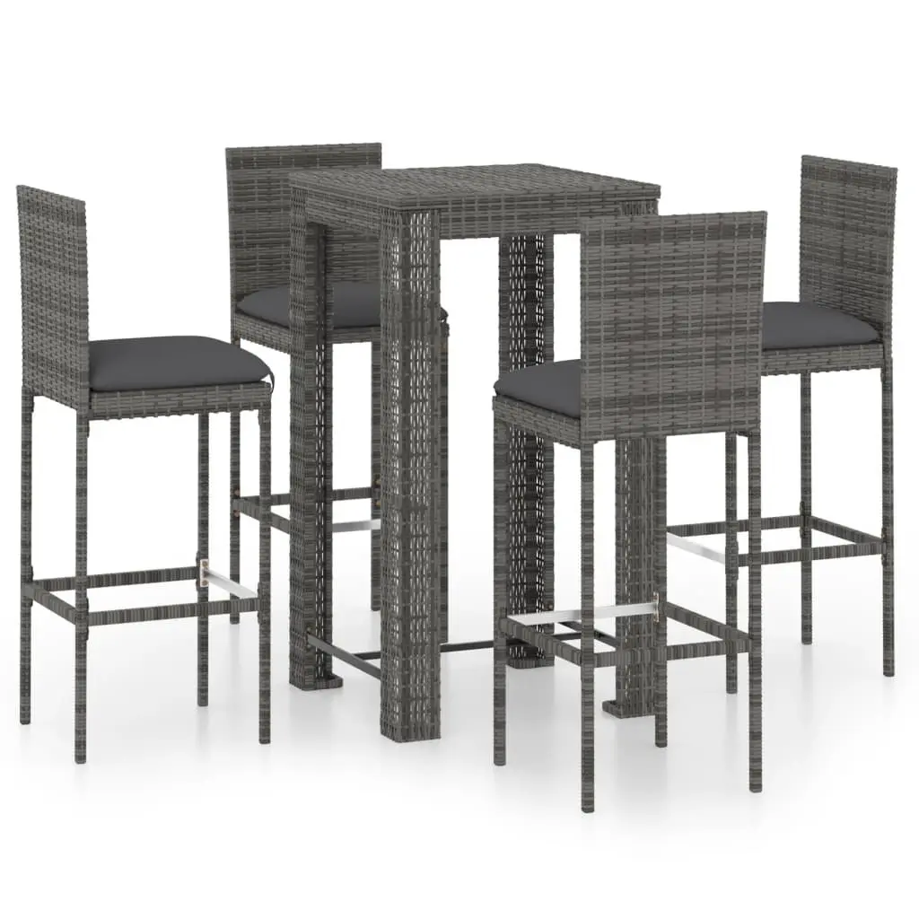 5 Piece Outdoor Bar Set Grey Rattan Patio Table with Cushions and Stools for Garden Dining