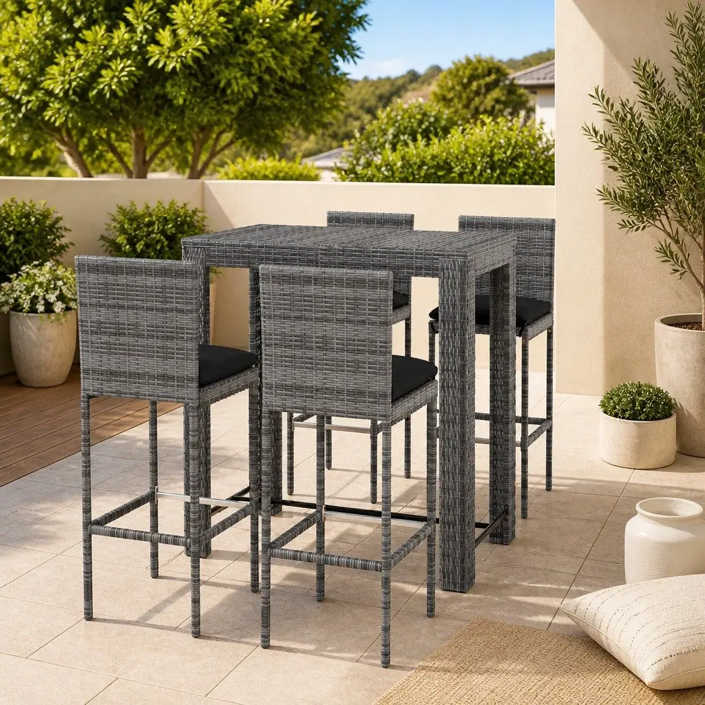 5 Piece Garden Bar Set with Cushions Grey Poly Rattan Outdoor Stools and Table