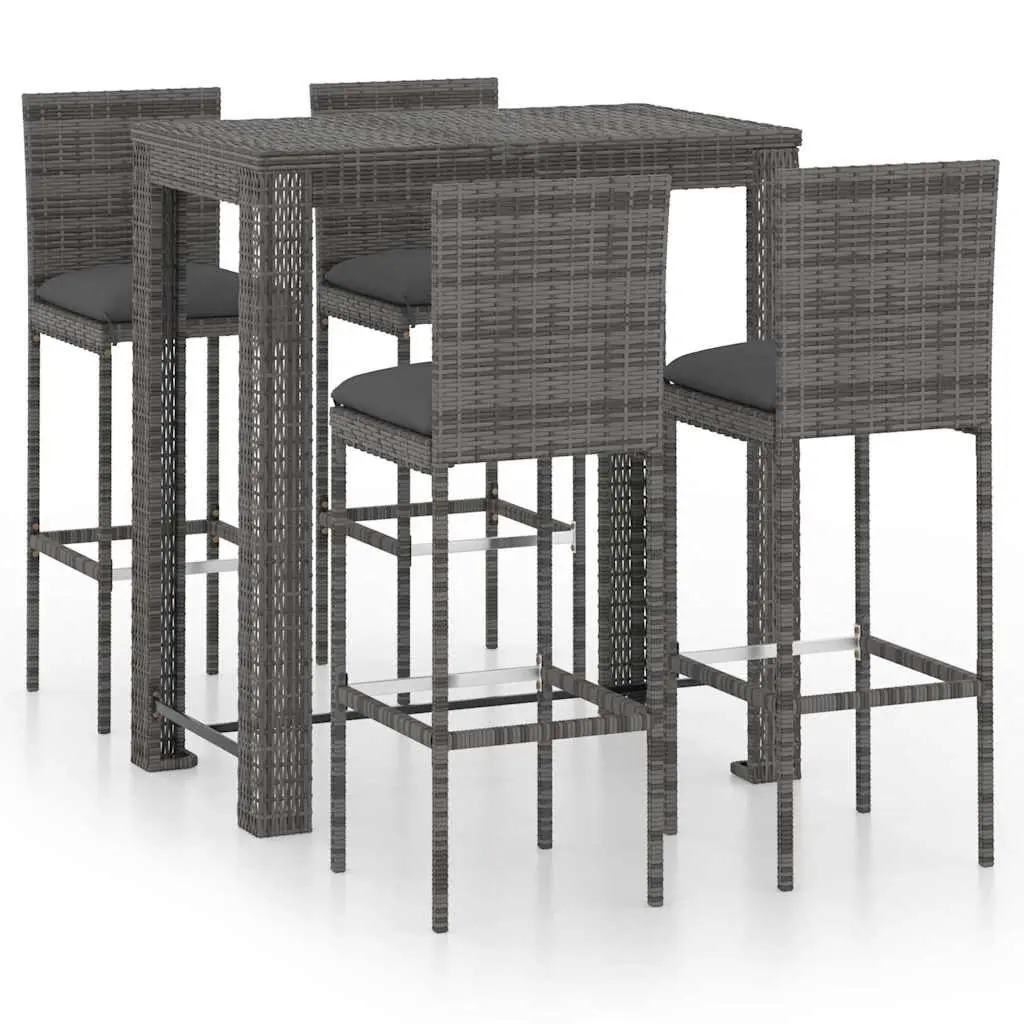 5 Piece Garden Bar Set with Cushions Grey Poly Rattan Outdoor Stools and Table