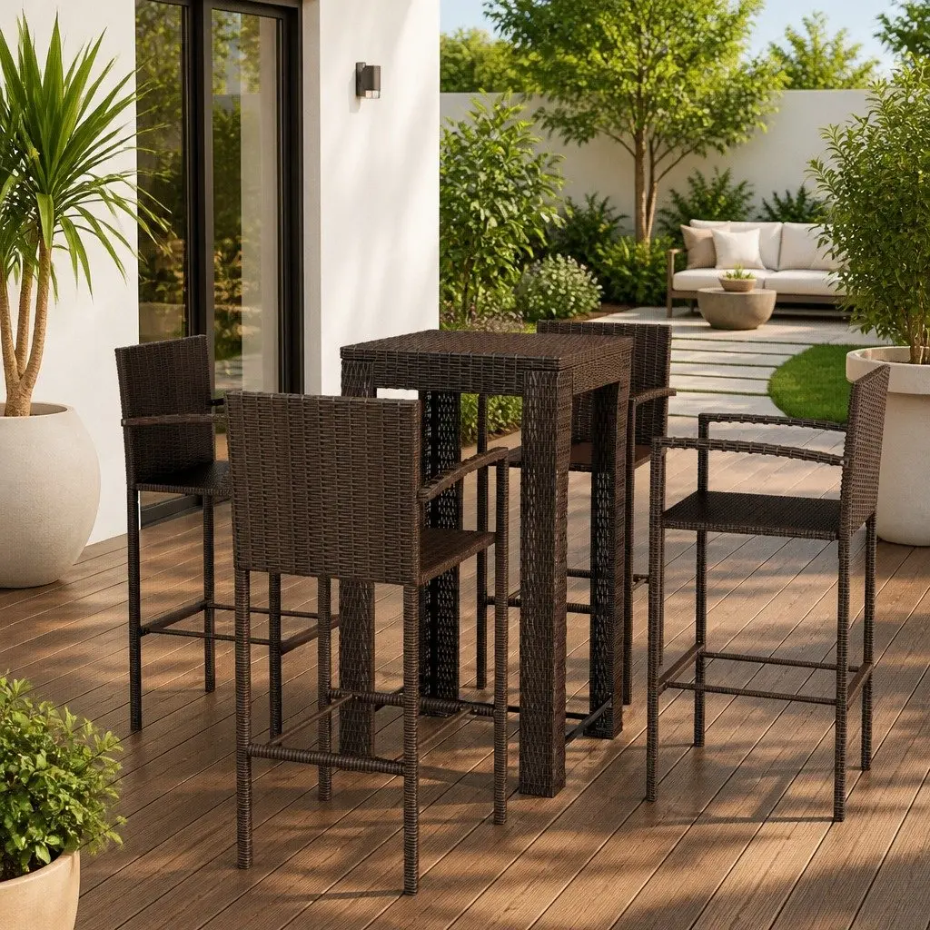 5 Piece Brown Poly Rattan Outdoor Bar Set with Stools and Table for Garden Patio