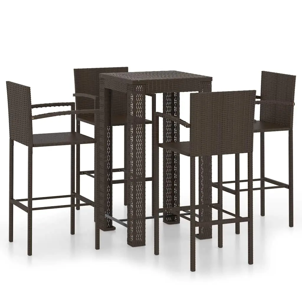 5 Piece Brown Poly Rattan Outdoor Bar Set with Stools and Table for Garden Patio