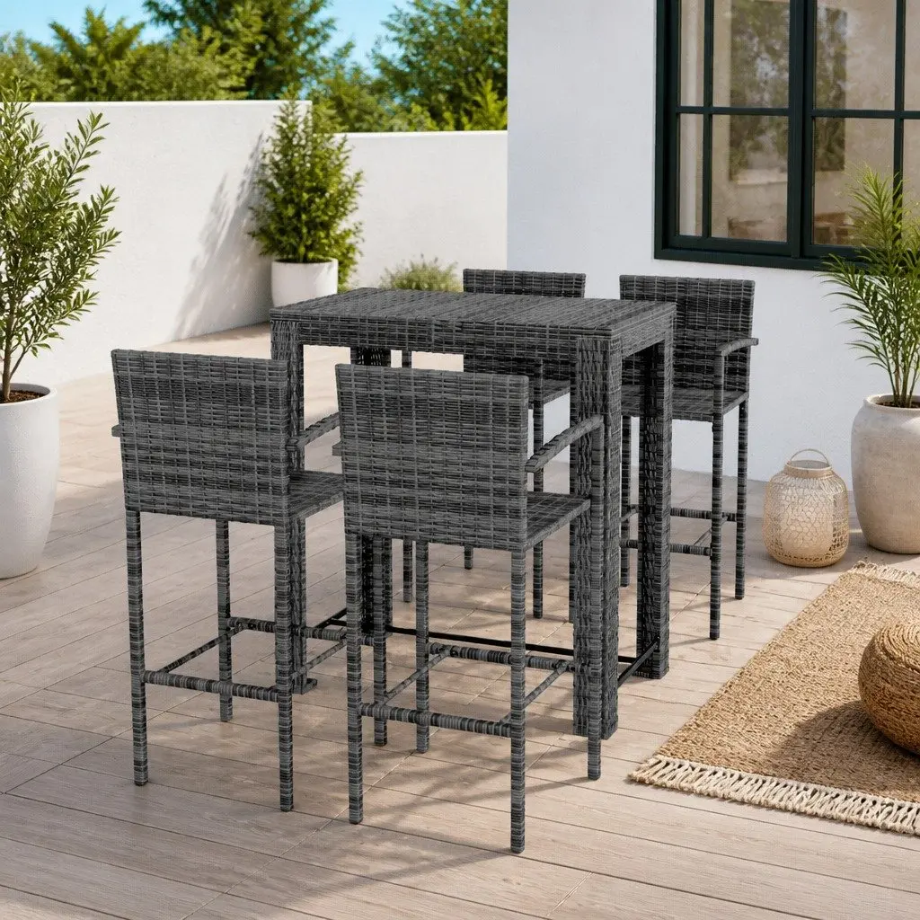 5 Piece Outdoor Bar Set Grey Poly Rattan Armrest Garden Table and Stools