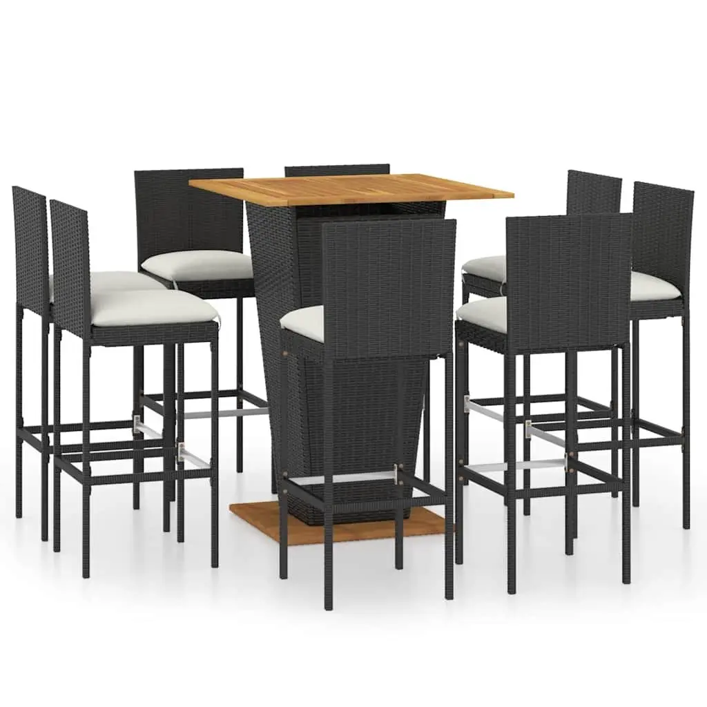 Garden Bar Set 9 Piece Outdoor Furniture Cushioned Poly Rattan Stools with Acacia Wood Tabletop