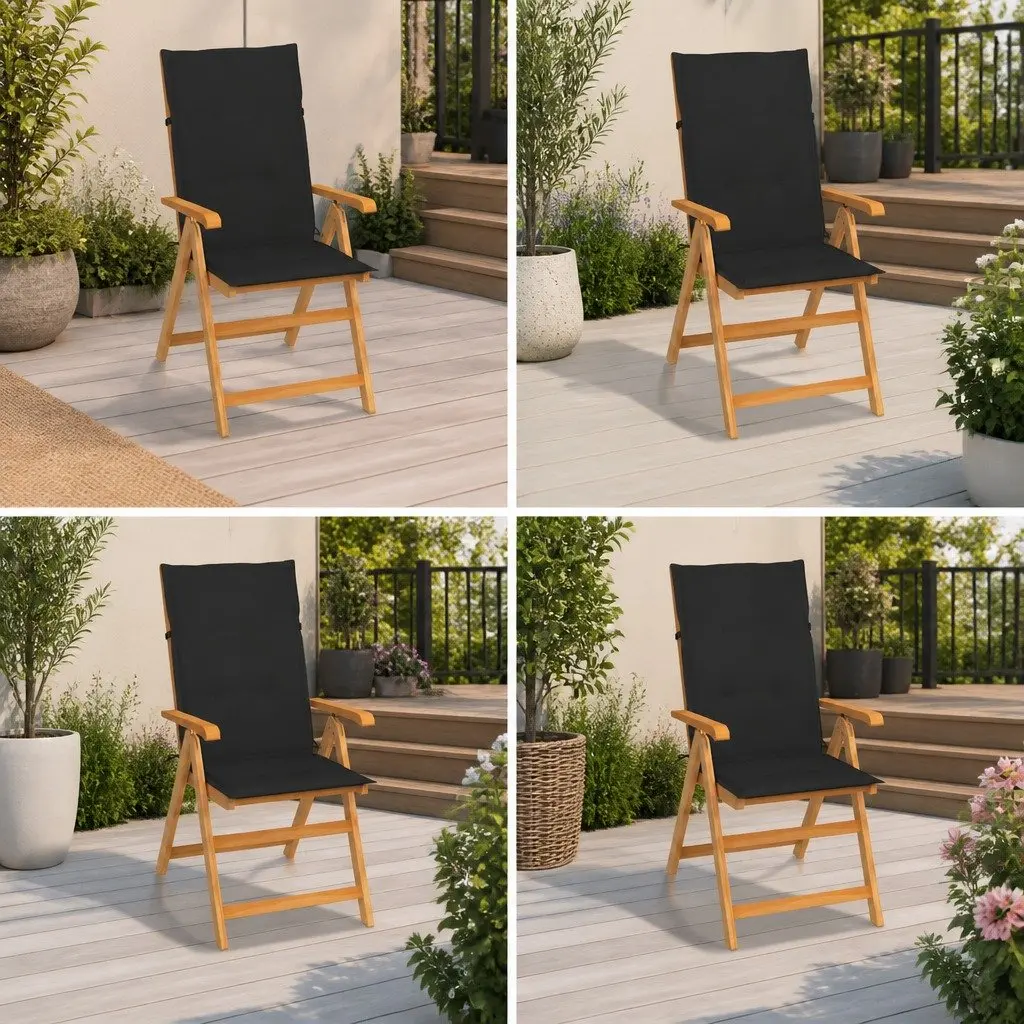 Outdoor Garden Chairs Set 4 pcs Black Cushions Teak Wood Reclining Patio Seating