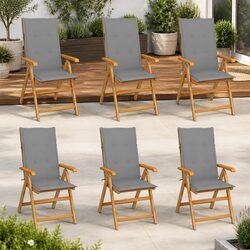 Outdoor Garden Chairs Set 6 pcs Teak Wood Reclining Seating Grey Cushions