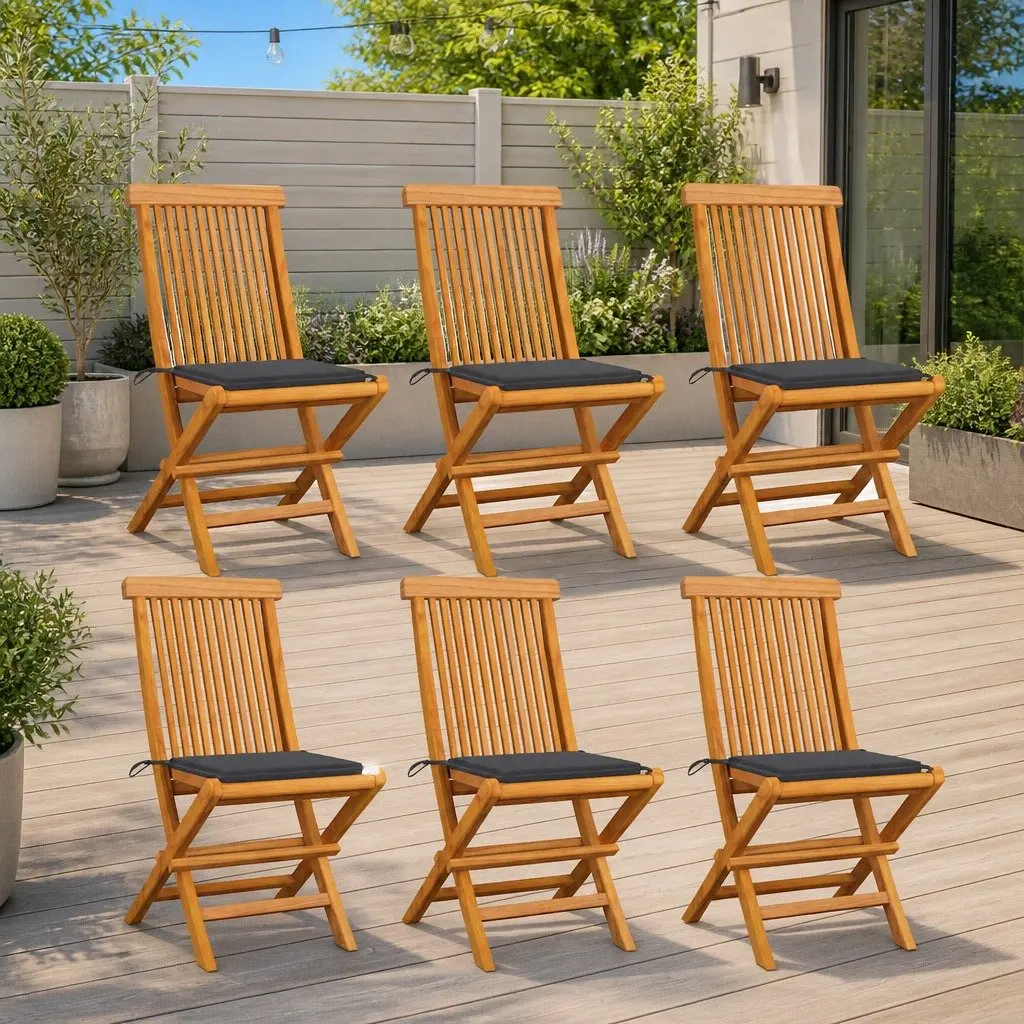 Folding Garden Chairs Set of 6 Solid Teak Wood Lightweight with Cushions