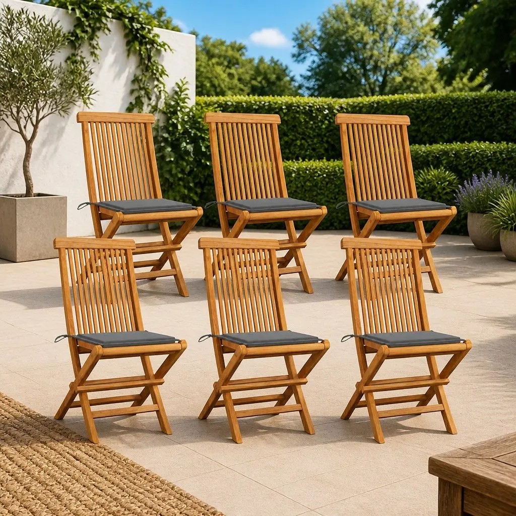 Outdoor Garden Chairs Set 6 pcs Folding Dining Seating with Grey Cushions