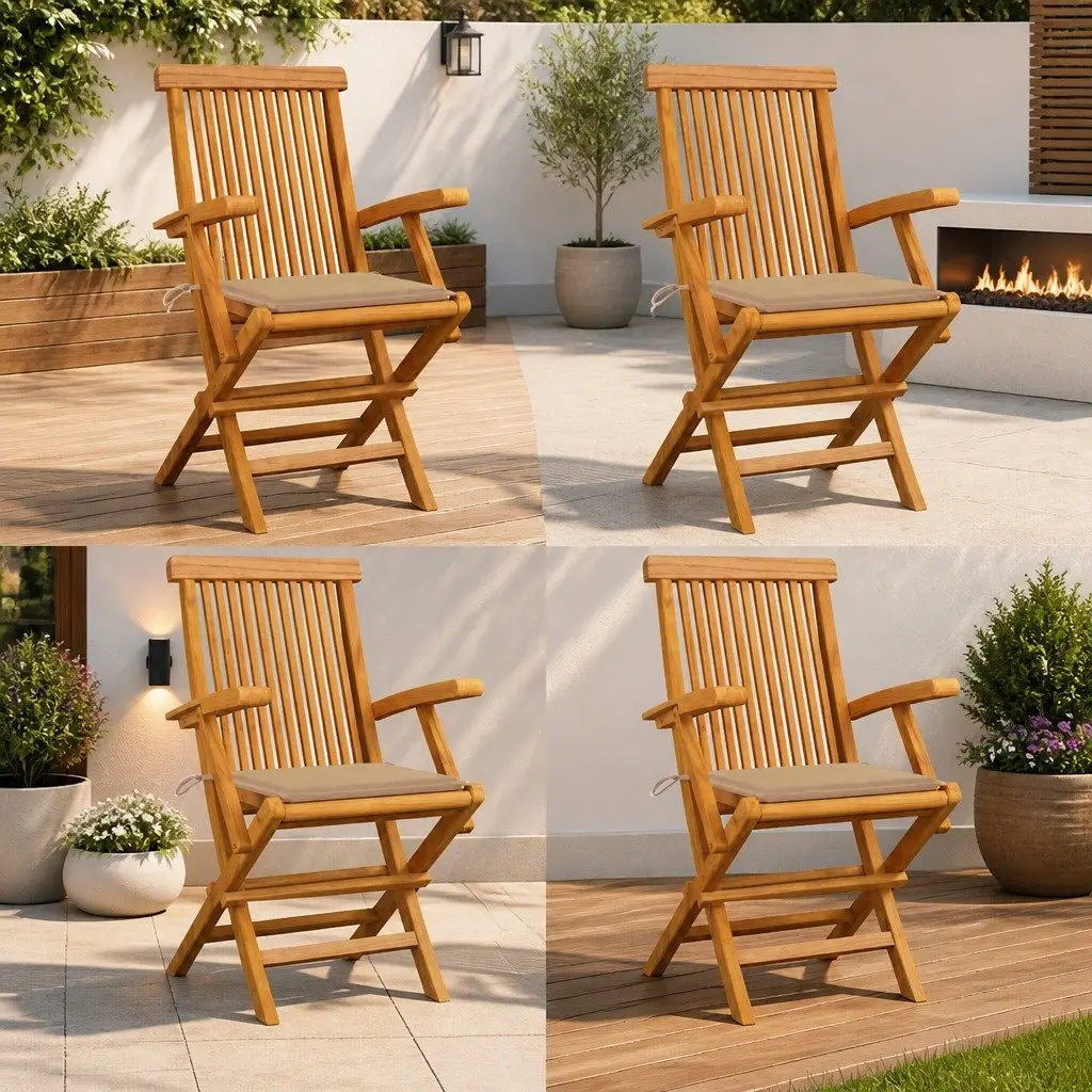 Teak Wood Folding Garden Chairs Set 4 pcs with Beige Cushions