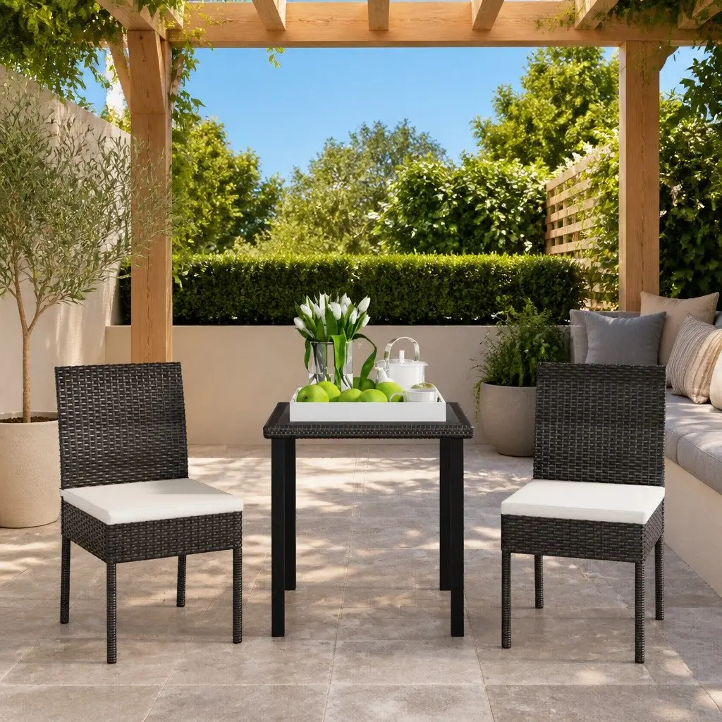 Outdoor Dining Set Black PE Rattan Cushioned Chairs Table 3 Piece Patio Furniture