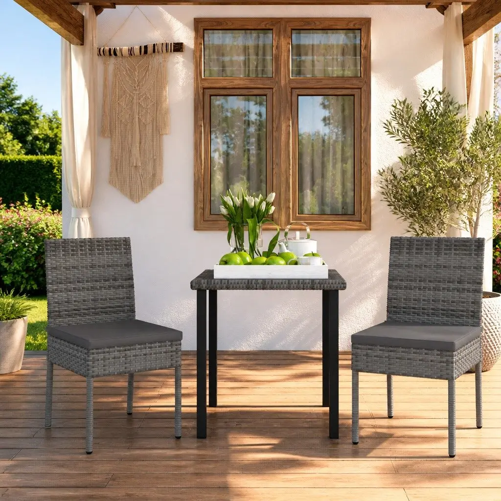 3 Piece Garden Dining Set Outdoor Patio Table Chairs Grey Rattan Furniture