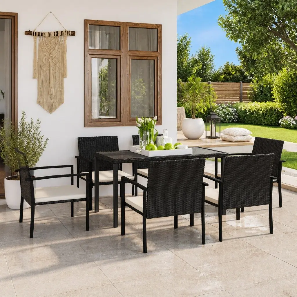 7 Piece Outdoor Dining Set Black Poly Rattan Garden Patio Furniture