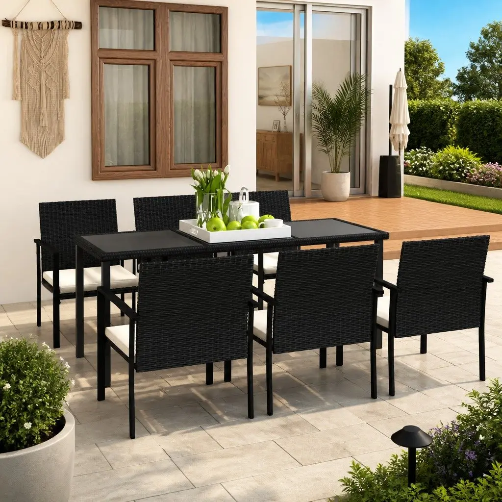 7 Piece Outdoor Garden Dining Set Black Rattan Steel Frame Patio Table Chairs