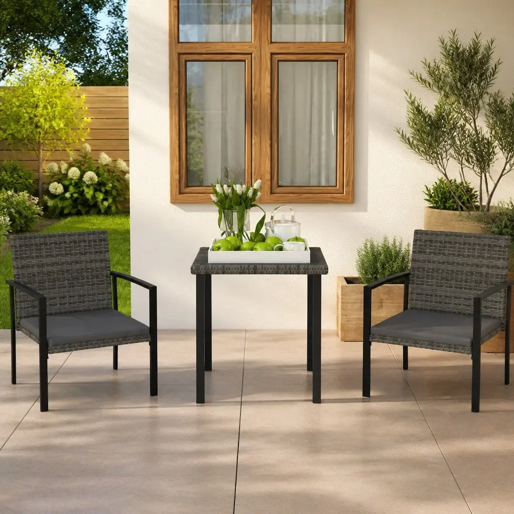 Garden Dining Set Grey Rattan 3 Piece Outdoor Furniture Table Chairs
