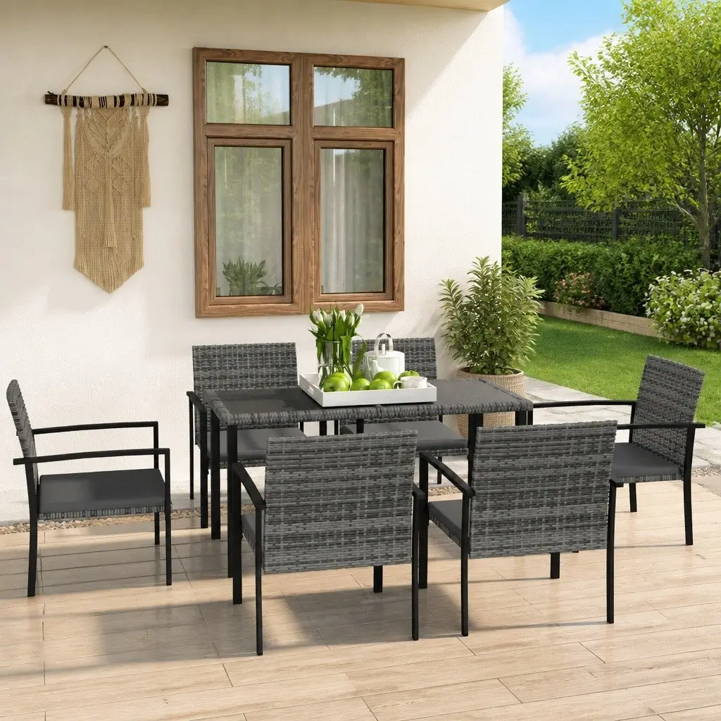 Outdoor Dining Set, Grey PE Rattan, 7 Piece Patio Furniture with Steel Frame Table and Chairs