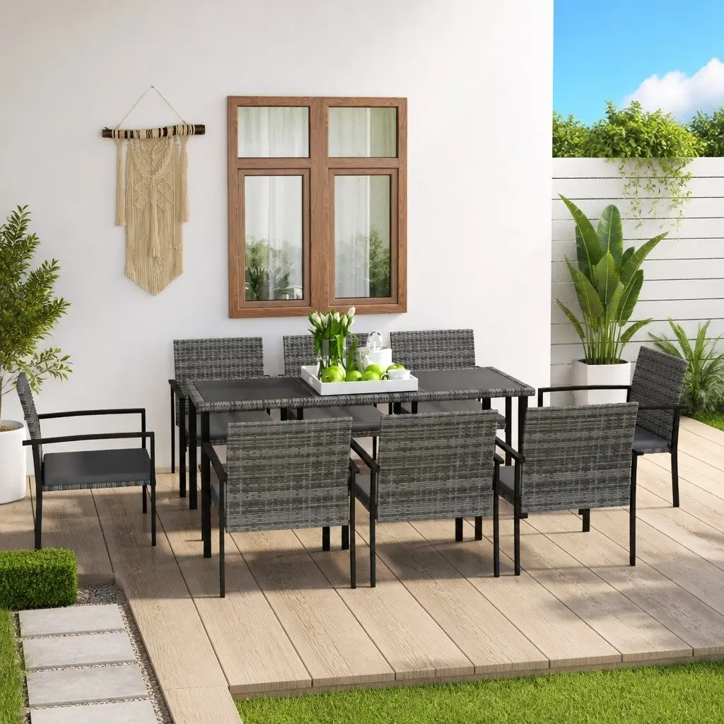 9 Piece Garden Dining Set Grey Poly Rattan Outdoor Patio Furniture Table Chairs