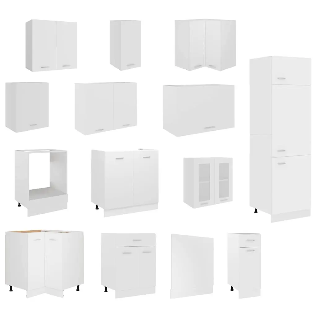 Kitchen Cabinet Set 14 Piece White Engineered Wood Storage Organiser Cupboard