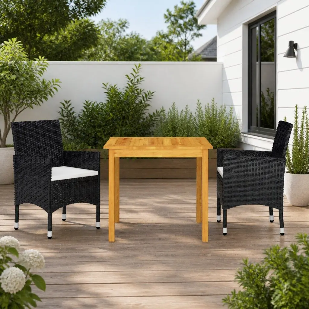 Outdoor Dining Set Ergonomic Black Acacia Wood Table and Rattan Chairs with Cushions 3 Piece