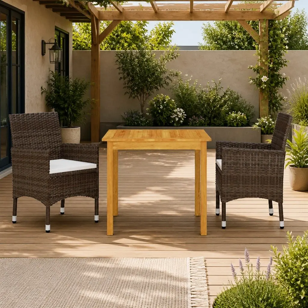 Garden Dining Set 3 Piece Outdoor Table and Chairs Brown Acacia Wood and Rattan