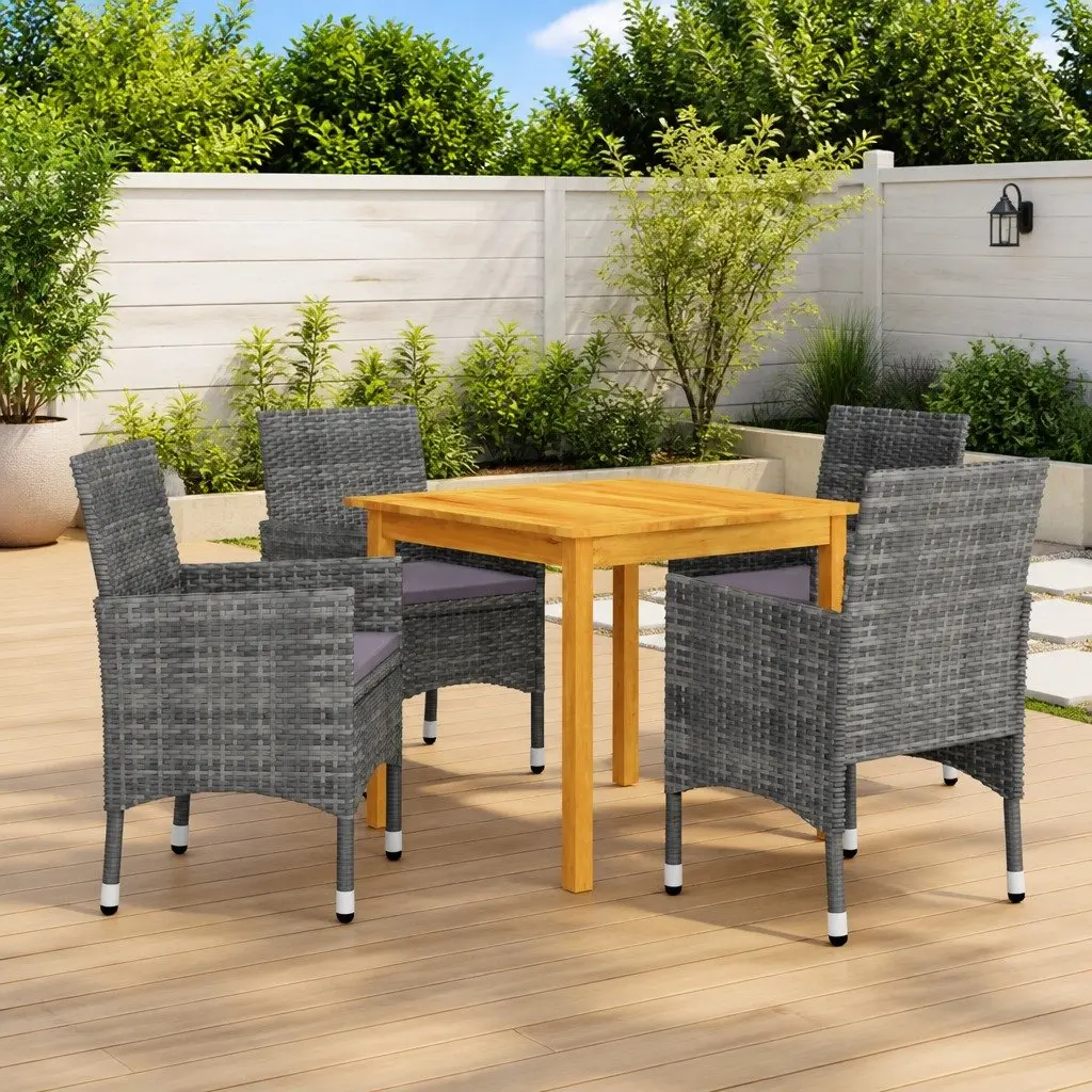 5 Piece Garden Dining Set Grey Acacia Wood Table Rattan Chairs
