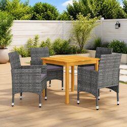 5 Piece Garden Dining Set Grey Acacia Wood Table Rattan Chairs Outdoor