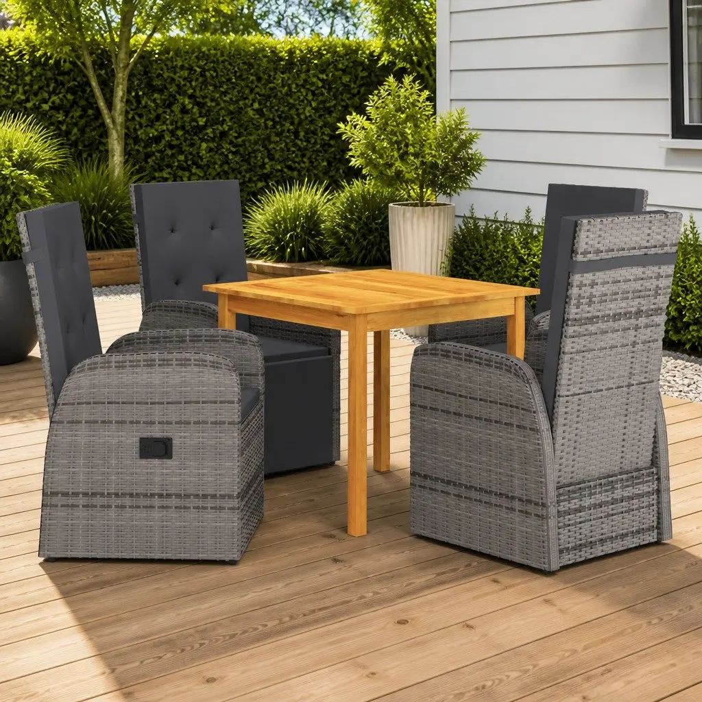 5 Piece Garden Dining Set Grey Acacia Wood Table Rattan Chairs Outdoor Furniture