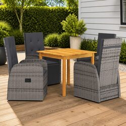 5 Piece Garden Dining Set Grey Acacia Wood Table Rattan Chairs Outdoor Furniture