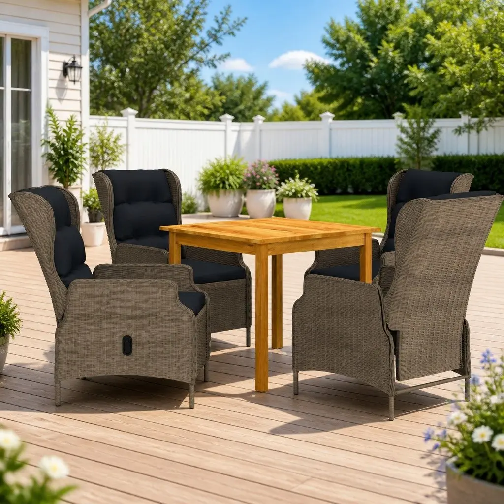 Garden Dining Set 5 Piece Outdoor Table and Chair Brown Acacia Wood and PE Rattan