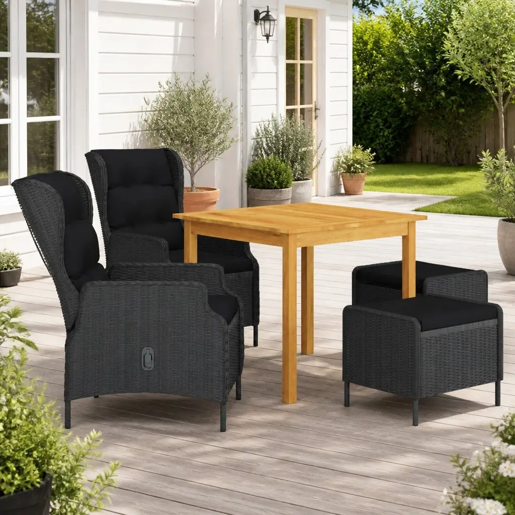 Outdoor Dining Set 5 Piece Acacia Wood Table Rattan Chairs Stools Grey