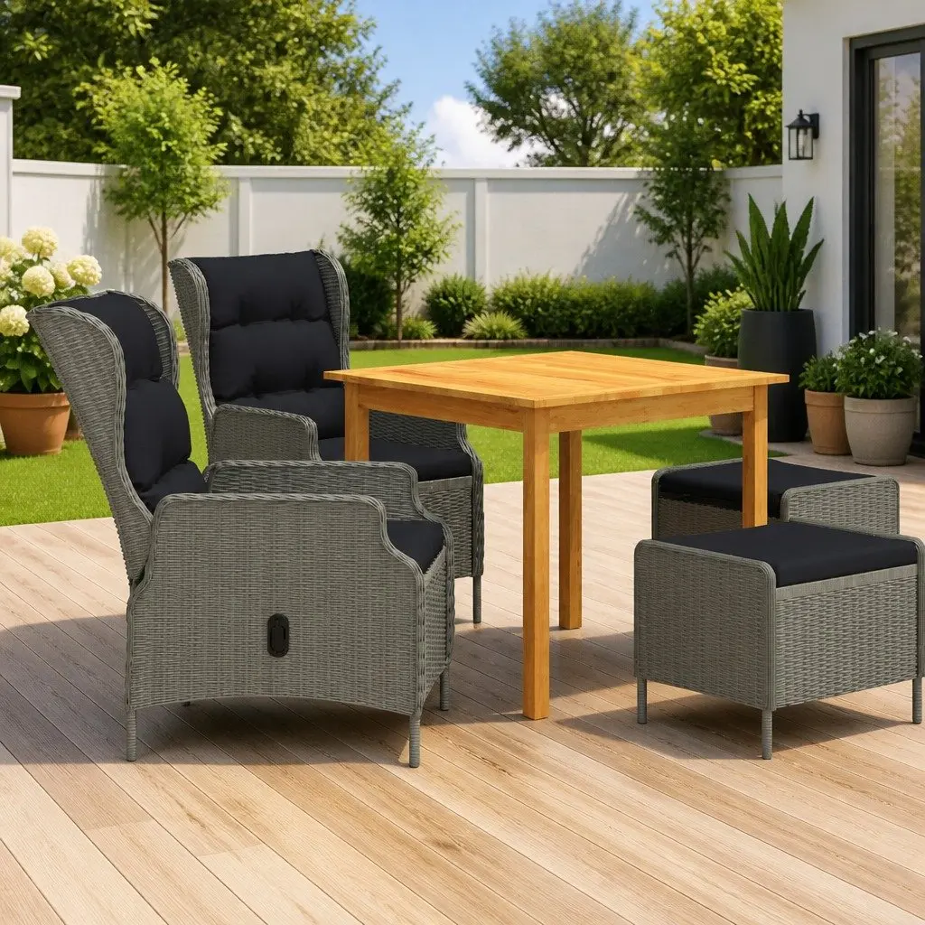 Outdoor Furniture Set Grey Dining Table with Chairs and Stools 5 Piece Rattan Cushioned