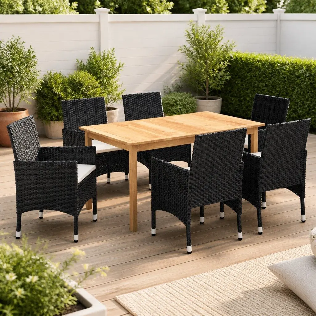 7 Piece Outdoor Garden Dining Set Black Acacia Wood Table Rattan Chairs with Cushions
