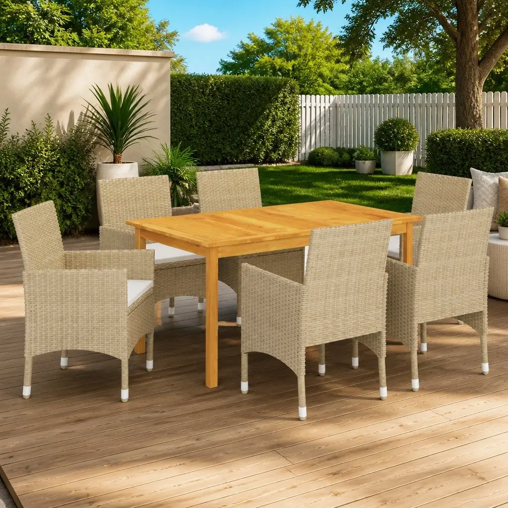 Outdoor Dining Set 7 Piece Beige Patio Furniture Ergonomic Table and Chairs