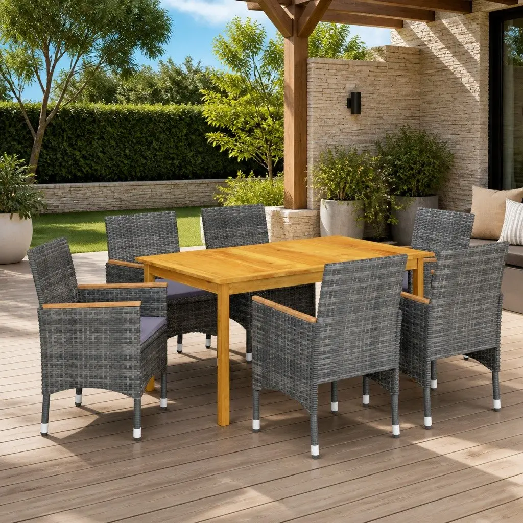 Garden Dining Set 7 Piece Outdoor Furniture Grey Acacia Wood Table Steel Frame Chairs