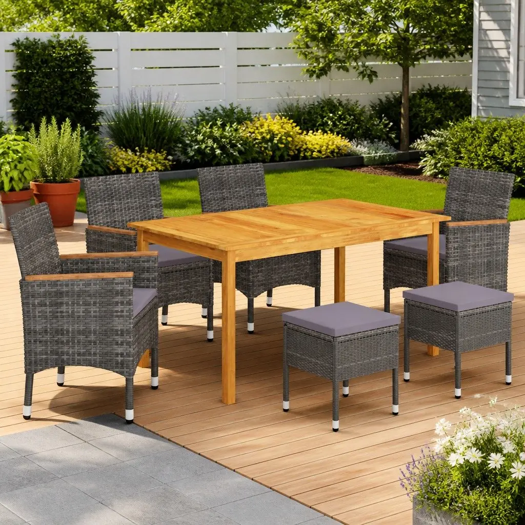 Outdoor Furniture Set 7 Piece Ergonomic Dining Table Chairs Stools Grey Weather Resistant