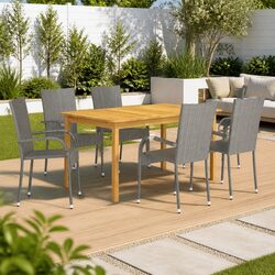 7 Piece Outdoor Dining Set Garden Table Chairs Acacia Wood PE Rattan Grey