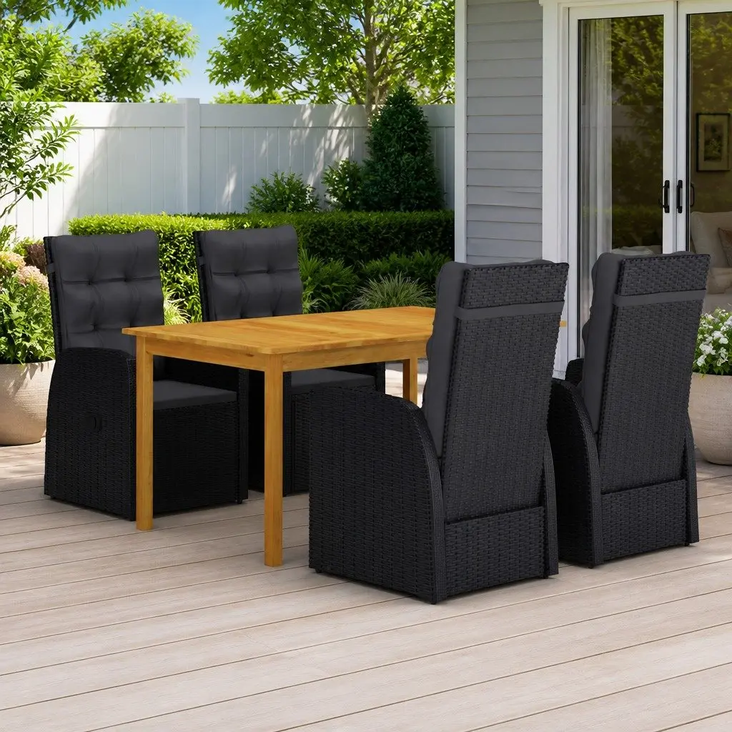 5 Piece Outdoor Garden Dining Set Black Acacia Wood Table Rattan Chairs with Cushions