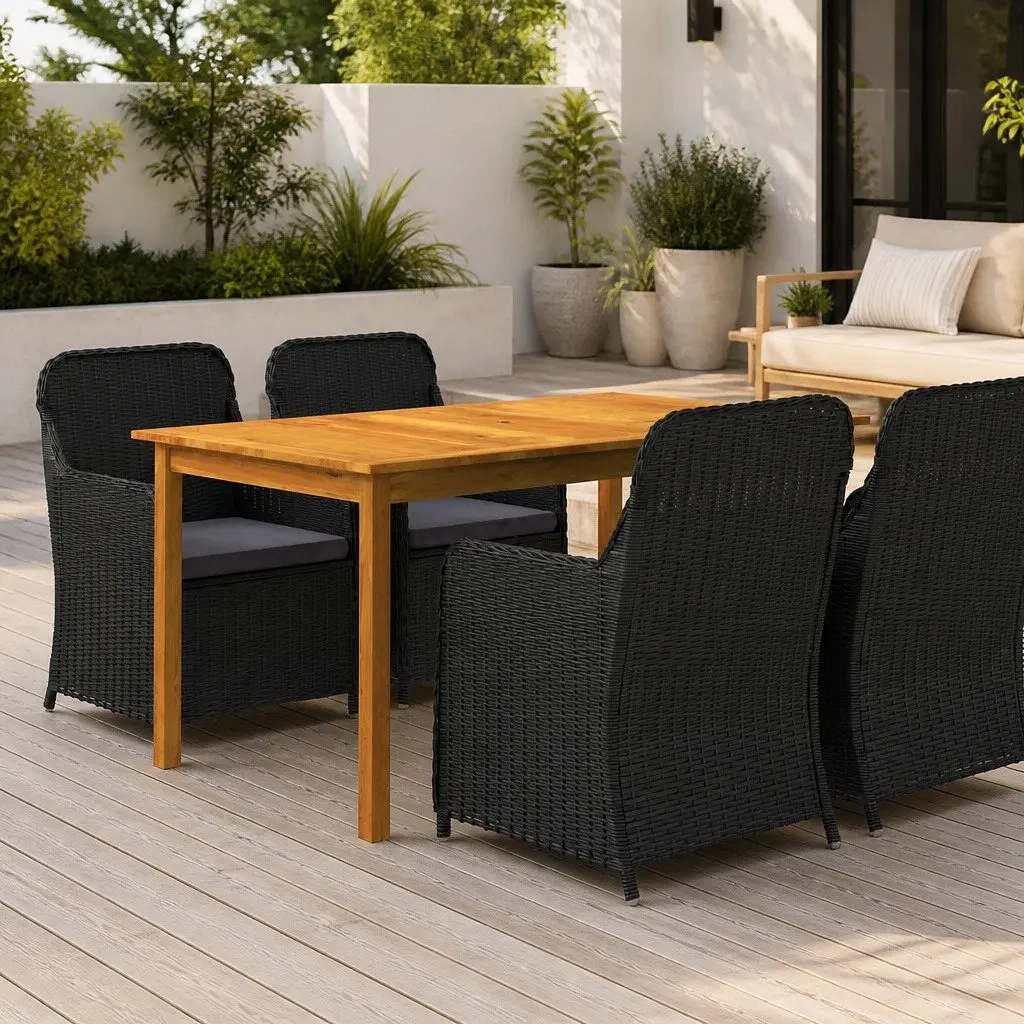 Outdoor Garden Dining Set Black Steel Rattan Chairs 5 Piece
