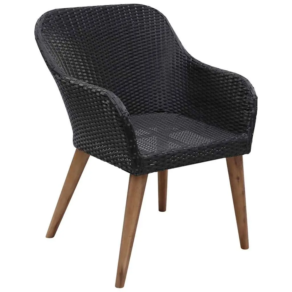 7 Piece Garden Dining Set Black Acacia Wood Steel Rattan Chairs Outdoor