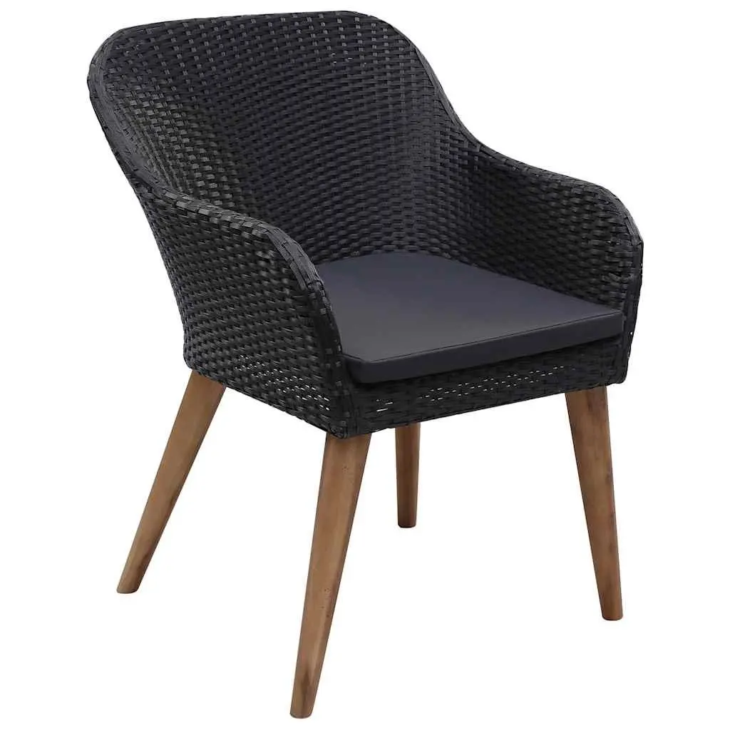 7 Piece Garden Dining Set Black Acacia Wood Steel Rattan Chairs Outdoor