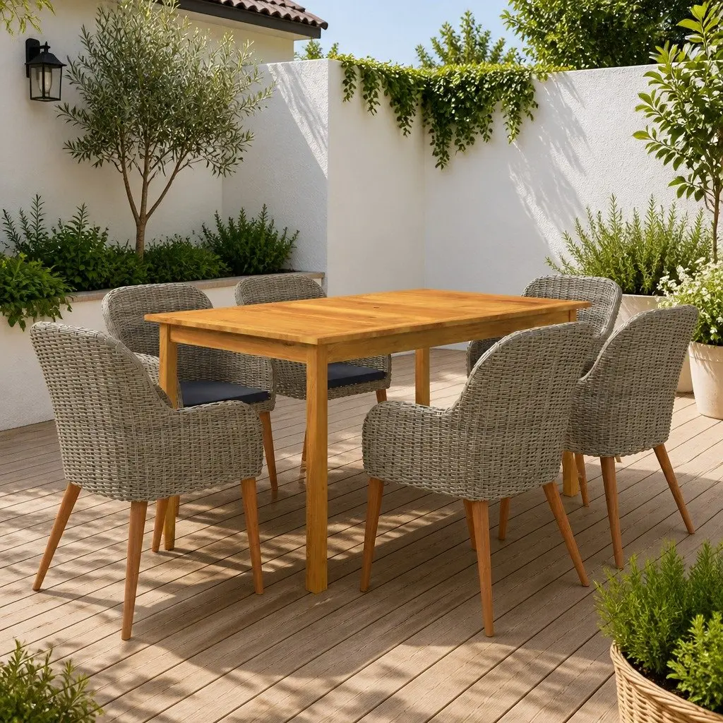 7 Piece Garden Dining Set Brown Acacia Wood Steel Frame