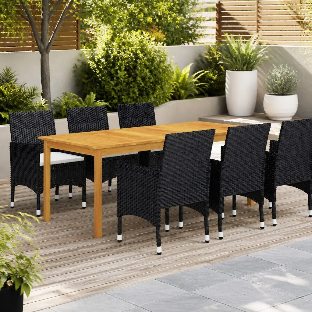 7 Piece Garden Dining Set Black Acacia Wood Table with Weather Resistant PE Rattan Chairs