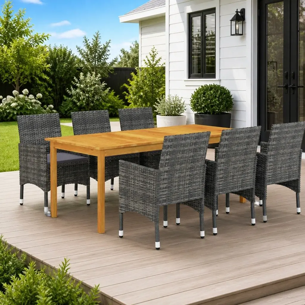 Outdoor Dining Set 7 Piece Grey Durable Garden Table with Cushioned Chairs
