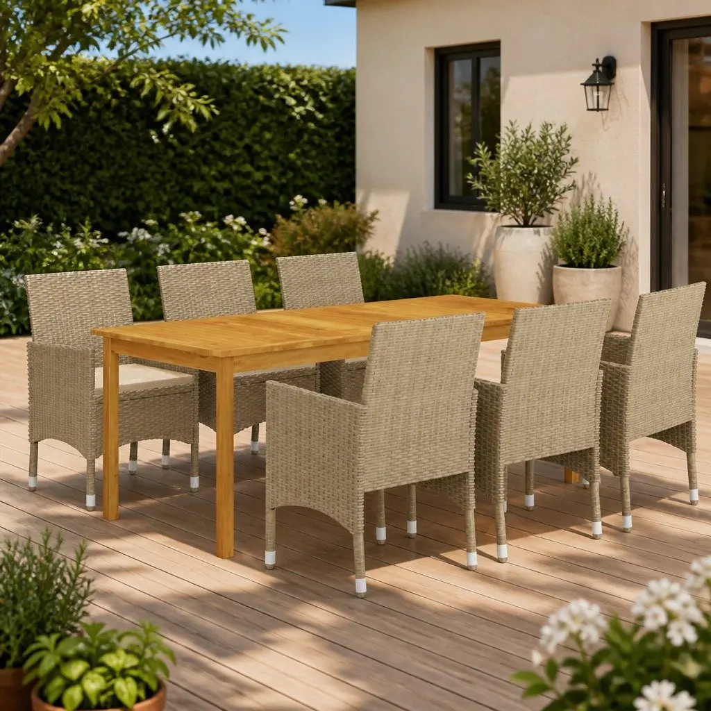 Outdoor Dining Set 7 Piece Beige Acacia Wood Table Powder Coated Steel Chairs