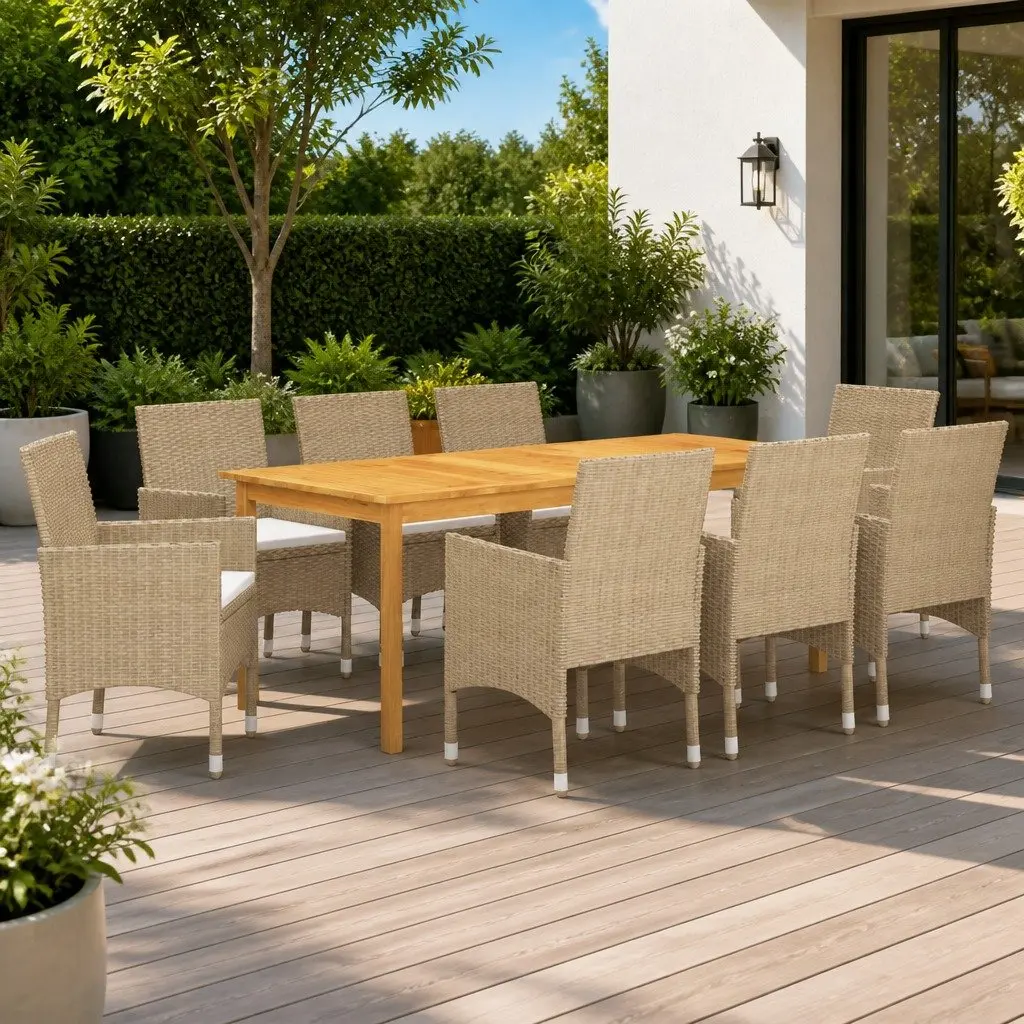 Garden Dining Set 9 Piece Outdoor Table Chairs Beige Rattan Patio Furniture