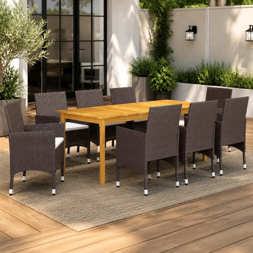Outdoor Rattan Dining Set 9 Piece Brown Table and Chair Combination